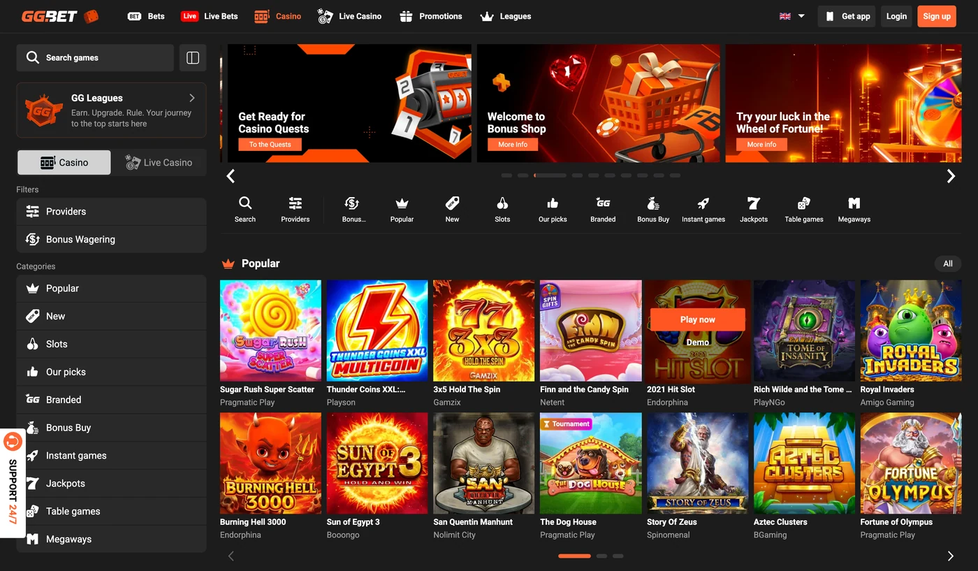 GGBET Casino predvorje sa slot igrama i kategorijama